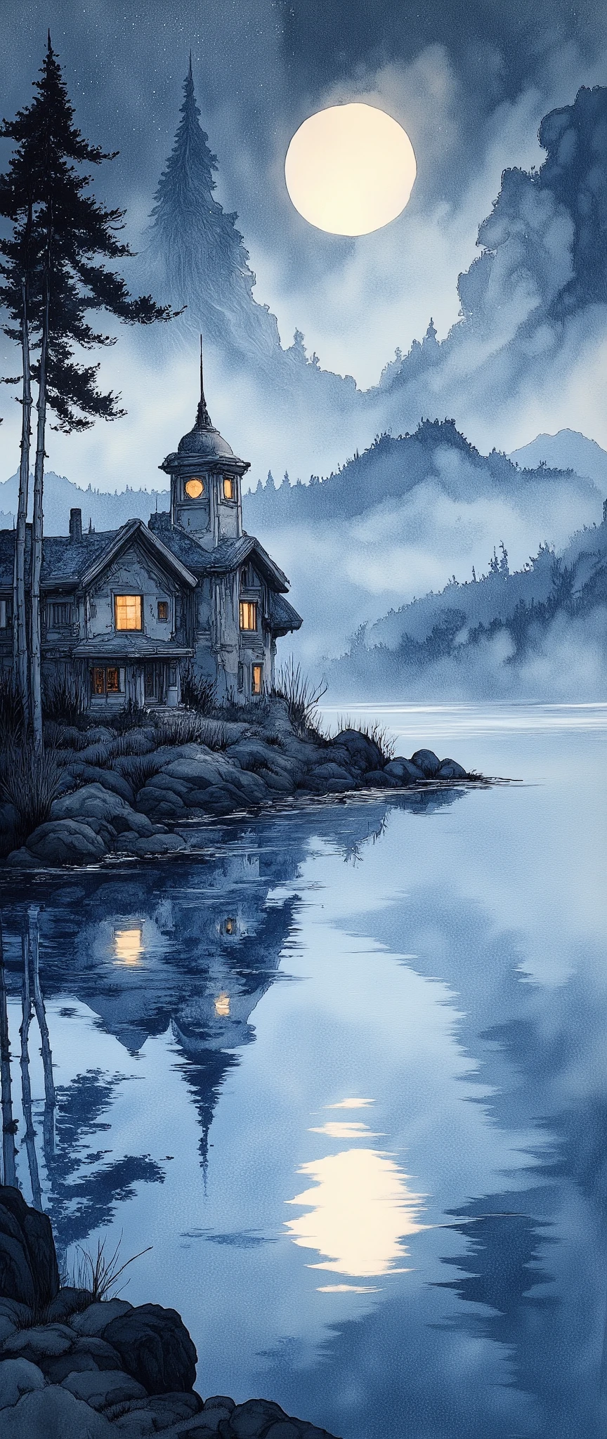 (  Masterpiece :1.2, Superior Quality ,  MIRROR FINISH  ,  best illustration ),8k,16k, wallpaper,(Quiet Lake),(Morning Haze),(Quiet Lake畔の森の小屋),(  knight ),(moonlight),(watercolor),( dynamic ),(美しい  gradient  ),(tranquility),(dark and quiet atmosphere  :1.6),(wash:1.3),(Stay wet:1.3),(Layering:1.3),(  gradient  )