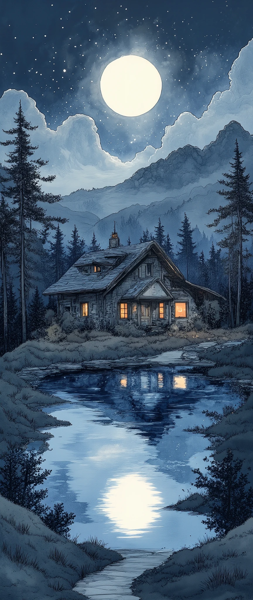 (  Masterpiece :1.2, Superior Quality ,  MIRROR FINISH  ,  best illustration ),8k,16k, wallpaper,(Quiet Lake),(Morning Haze),(Quiet Lake畔の森の小屋),(  knight ),(moonlight),(watercolor),( dynamic ),(美しい  gradient  ),(tranquility),(dark and quiet atmosphere  :1.6),(wash:1.2),(Stay wet:1.2),(Layering:1.2),(  gradient  )