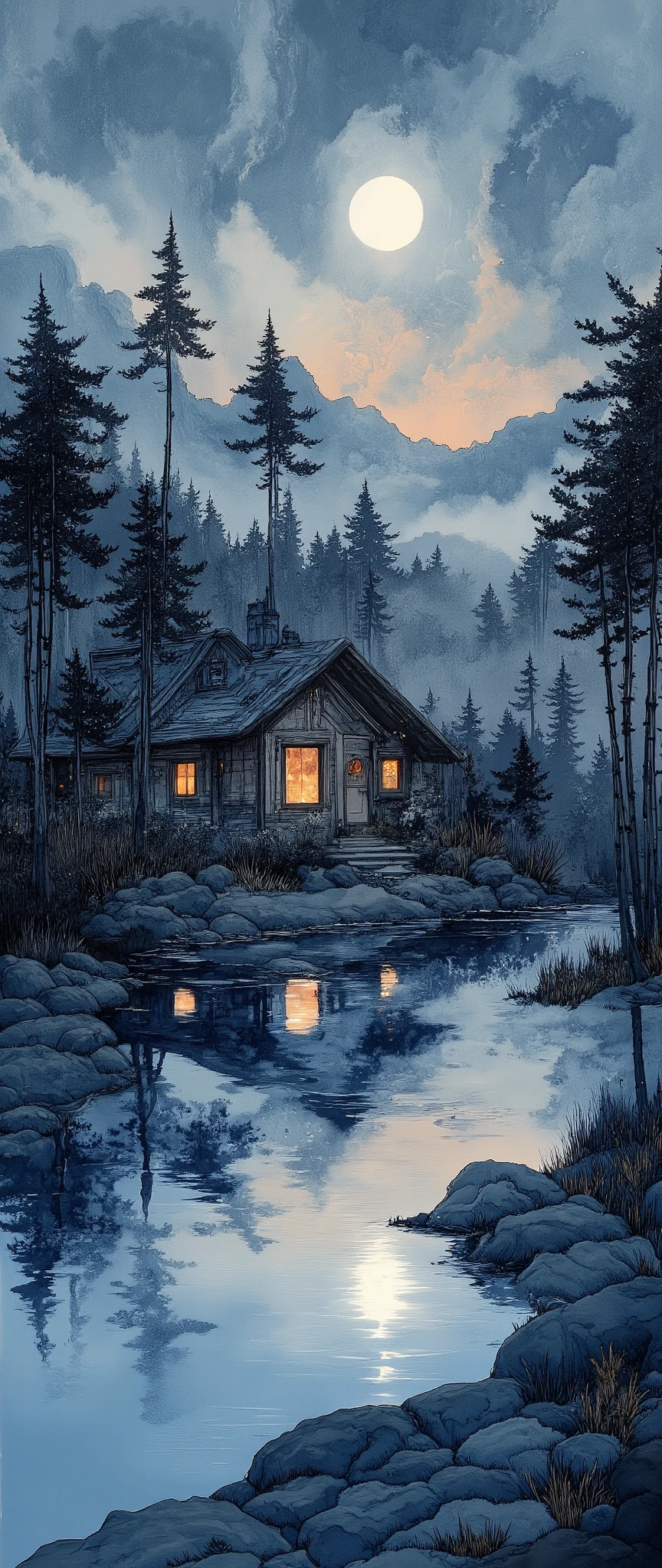 (  Masterpiece :1.2, Superior Quality ,  MIRROR FINISH  ,  best illustration ),8k,16k, wallpaper,(Quiet Lake),(Morning Haze),(Quiet Lake畔の森の小屋),(  knight ),(moonlight),(watercolor),( dynamic ),(美しい  gradient  ),(tranquility),(dark and quiet atmosphere  :1.6),(wash:1.2),(Stay wet:1.2),(Layering:1.2),(  gradient  )