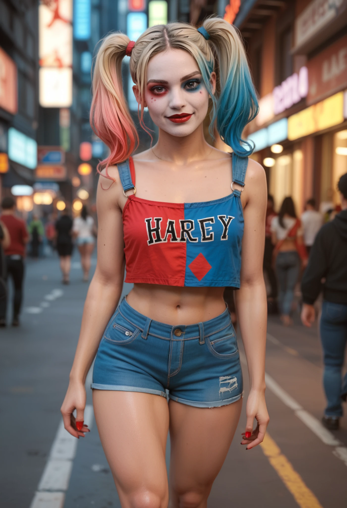 Ultra realistic HDR image of Harley Quinn with colored hair she is wearing denim shorts and pink cropped and is walking in Gotham 