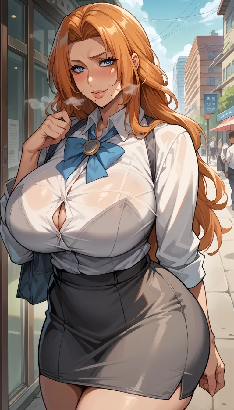 Fit girl, Score_9, Score_8_up, Score_7_up, Score_6_up, Score_5_up, Score_4_up, Source_anime, ninonakano, defran, long hair, blue eyes, orange hair, mole under mouth bangs, seductive smile, blush, heavy breath, blue eyes, Best quality, High quality, Detailed, High resolution, 8k, Ultra high res, Soft saturation, Professional quality, Perfect contrast, Perfect litthing, Anatomically correct, Huge breasts, Wide hips, Gargantuan butt, Sensual woman, mature female, milf, motherly,  BREAK fully clothed, cube top, skirt, mini skirt, plated skirt, 