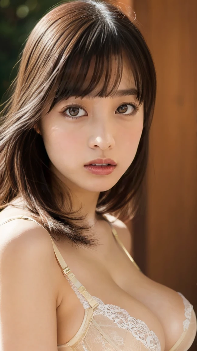 (Kyoko Fukada) (  semi-long), nsfw、bright茶髪,  Wavy Hair、 Adult women 、  Brown Eyes  . Shining Eye Shadow  , Long Mascara  . ,  Pink Lips.  Beautiful Thighs、bright, Photo quality, Best Quality , Unity 8k wallpaper , ( beautiful eyes:1.2),  high definition face , perfect lighting, High-definition CG, (Perfect hands,  perfect anatomy)、Front,、,High tension、front、Waistline ,nude :1.4、(( Full Body Shot :1.4))、Showing teeth、tits、