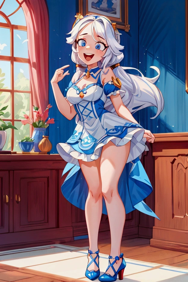 (Masterpiece, best quality), 1 girl, white semi long hair, blue eyes, standing indoors with intricate details and sunlight, blue frilled dress with short neckline, red details, black heels, sexy pose, crazy smile, crazy laugh showing teeth, beautiful legs, mature body, gorgeous, pronounced breasts