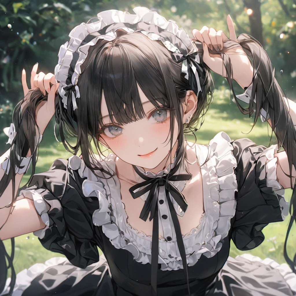 1 girl, low-twintails, long hair, black hair, grey eyes, black ribbon,smilng,
gothic lolita, black dress, too many frills, headdress,
garden,
cinematic lighting, lens flare, chromatic aberration, depth of field,
masterpiece, best quality, very aesthetic, absurdres, ultra detailed, UHD, 8K, highly detailed, newest,
cetus,