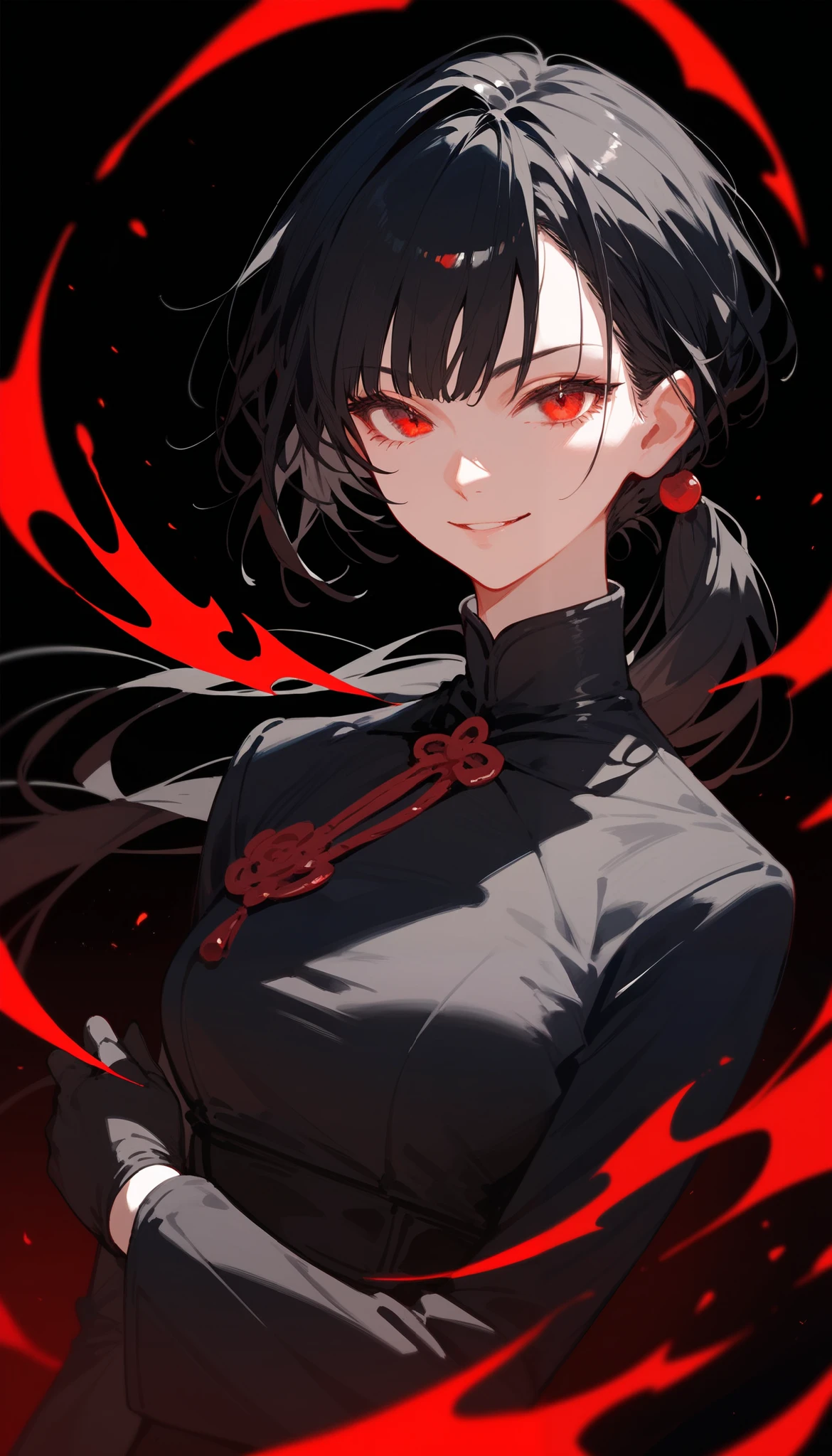 girl,Black hair, thin hair, slightly white, in red eyes , pretty short hair , long ponytail , Evil,Black dress with long sleeves, Chestnut-sized, Black Long Sleeve Shirt, put on black gloves, with a slight smile, black background,