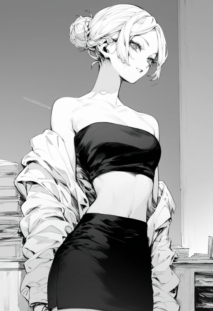 score_9, score_8_up, score_7_up, 1girl, solo,, Clothes: pencil skirt , tube top white, ring, Appearance: short blonde hair in a neat low bun, , at_the_office, manga, monochrome, dekosukentr style
