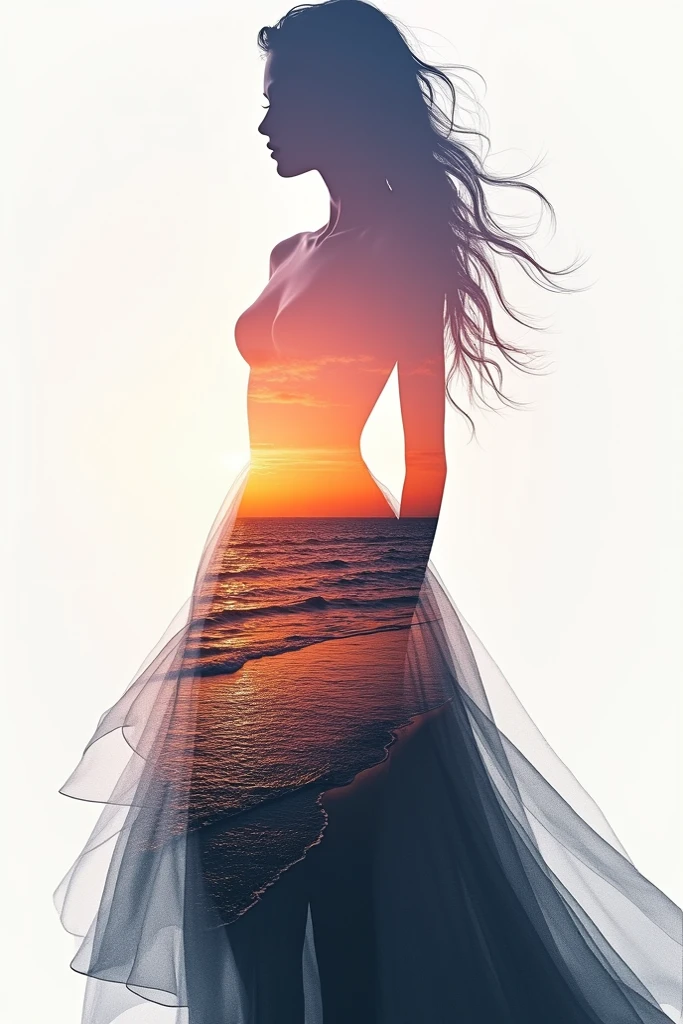 high quality, 8K Ultra HD, A beautiful double exposure that combines an goddess silhouette with sunset coast, sunset coast should serve as the underlying backdrop, with its details incorporated into the goddess , crisp lines, The background is monochrome, sharp focus, double exposure, by yukisakura, awesome full color,