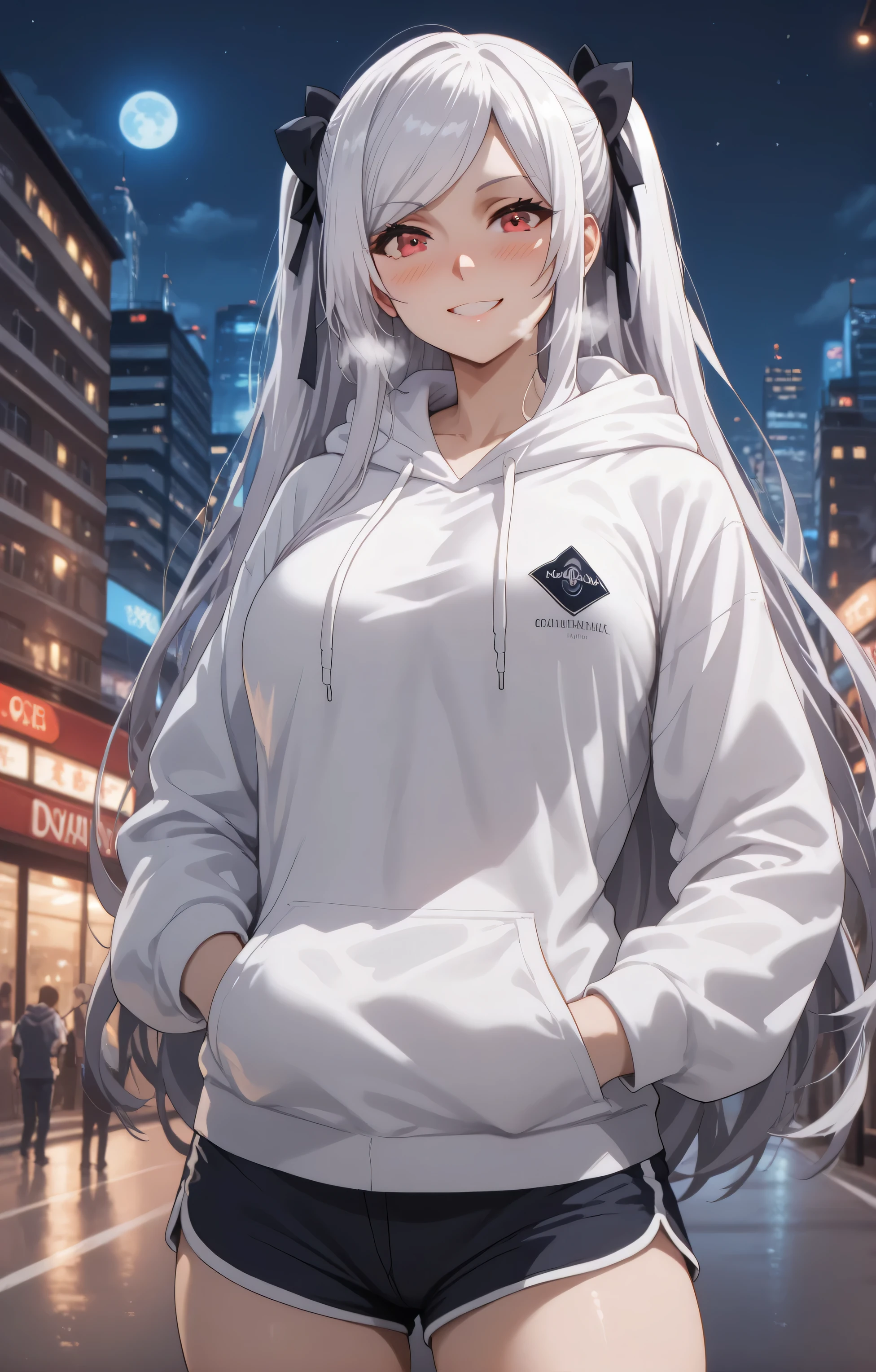 Source anime, Tall girl, Fit girl,score_9, score_8_up, score_7_up, score_6_up, uncensored, alexia midgar, long hair, , black hair ribbon, white hair, red eyes, sidelocks, ribbon, large breast, hood, Loose Hoodie, crop Hoodie, sport bra, dolphin shorts, thong, standing, hand on pocket, night, city, outdoors, smile, looking at viewer, blush, heavy breath,