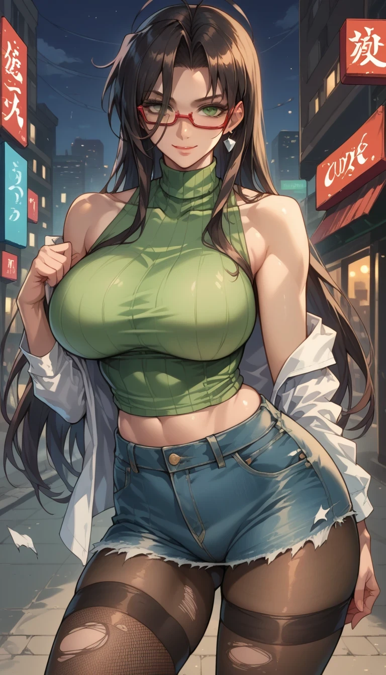 Fit girl,score_9, score_8_up, score_7_up,  BREAK 1girl, solo, detailed background, chisato sdxl, black hair, long hair, green eyes, glasses, red-framed eyewear, thighhighs, large breasts, seductive smile, large breasts, Wide hips, Mature female, cube top, bare shoulders, collarbone, denim, hot pants, denim hot pants, ripped denim,fishnet_pantyhose, short denim, city, night, outdoors