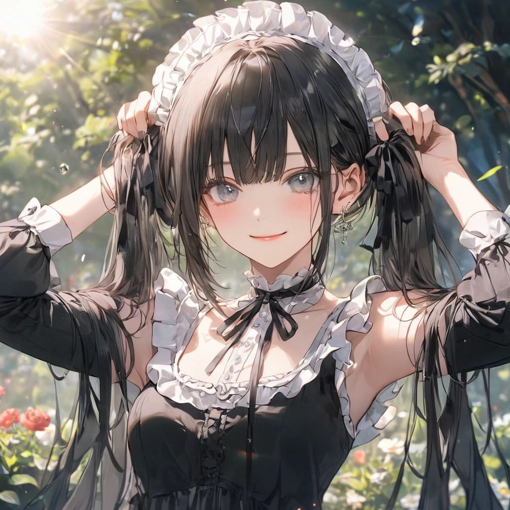 1 girl, low-twintails, long hair, black hair, grey eyes, black ribbon,smilng,
gothic lolita, black dress, too many frills, headdress,
garden,
cinematic lighting, lens flare, chromatic aberration, depth of field,
masterpiece, best quality, very aesthetic, absurdres, ultra detailed, UHD, 8K, highly detailed, newest,
cetus,