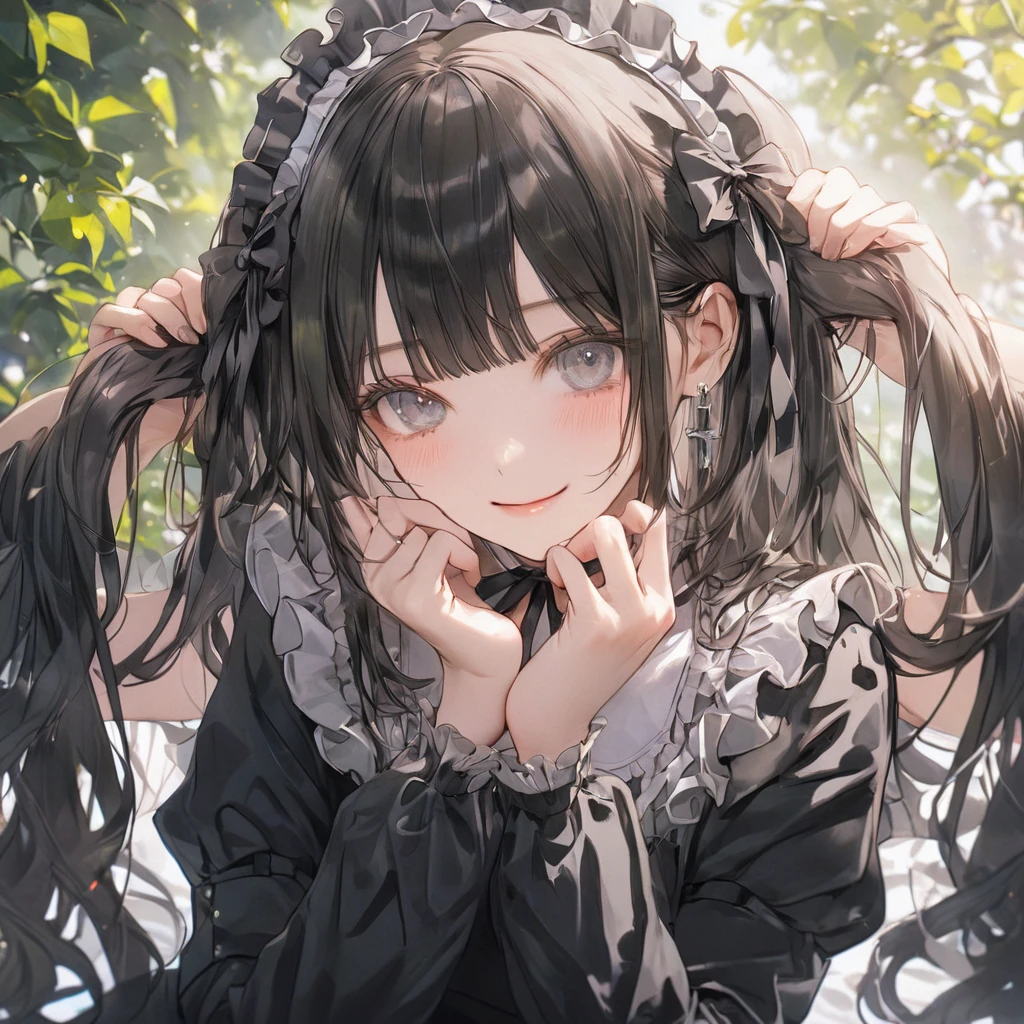 1 girl, low-twintails, long hair, black hair, grey eyes, black ribbon,smilng,
gothic lolita, black dress, too many frills, headdress,
garden,
cinematic lighting, lens flare, chromatic aberration, depth of field,
masterpiece, best quality, very aesthetic, absurdres, ultra detailed, UHD, 8K, highly detailed, newest,
cetus,