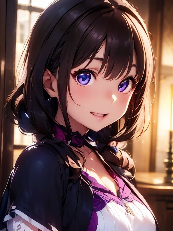     High Definition  ,In 8K,  best quality ,  Details, semi-realistic anime , D-anime style ,  Smooth Anime CG  ,  one girl,   19-year-old Japanese woman , ((Beauty)),  slim,modeling,((輝く瞳)),((( beautiful wavy hair with bangs))),(( smaller breasts)),((long capelet )),((Chest lace-up)),(( Medieval Housekeeper Outfit )),(( Maroon Sparkling Hair )),  pink lips,  shiny brown hair on background,  Detailsな顔,Beautiful and   Details,,(( Deep Blue-Purple Sparkling Eyes )),((Open your mouth)),(Smile),((profile)),((Transparency)),((Clothes that let the light through )),