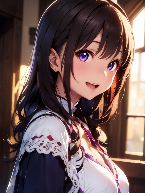     High Definition  ,In 8K,  best quality ,  Details, semi-realistic anime , D-anime style ,  Smooth Anime CG  ,  one girl,   19-year-old Japanese woman , ((Beauty)),  slim,modeling,((輝く瞳)),((( beautiful wavy hair with bangs))),(( smaller breasts)),((long capelet )),((Chest lace-up)),(( Medieval Housekeeper Outfit )),(( Maroon Sparkling Hair )),  pink lips,  shiny brown hair on background,  Detailsな顔,Beautiful and   Details,,(( Deep Blue-Purple Sparkling Eyes )),((Open your mouth)),(Smile),((profile)),((Transparency)),((Clothes that let the light through )),