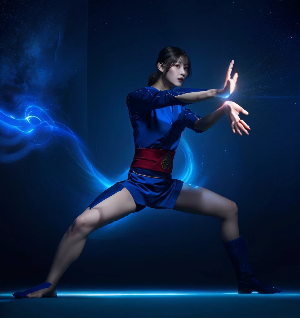 wilderness,Blue and red aura from the whole body , close-up of a woman in uniform,  Martial arts poses,  full body in dynamic poses ,  snake-like pose gestures ,  full body dynamic pose , Dynamic movement poses,  dynamic perspective pose , mma southpaw stance,  Dynamic Poses Full Body ,  standing posture ,Kamehameha , Symmetrical pose,  Fighting Stance , Synthetic Curves Impressive Poses , Combat Stance