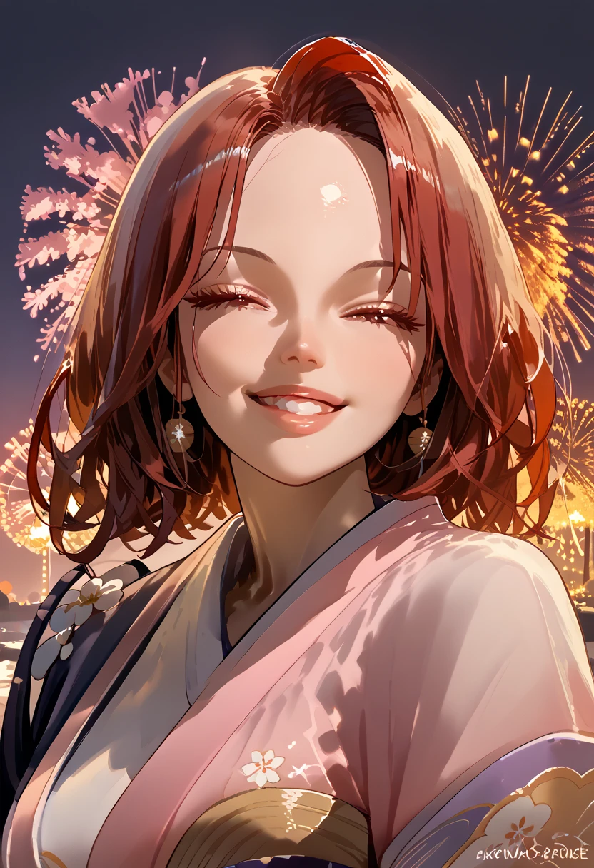 1girl, wearing kimono with firework in background, (masterpiece), cinematic, beautiful light, best quality, newest,safe, absurdres, smiling , close eyes, look at camera, tilt head, turn head back