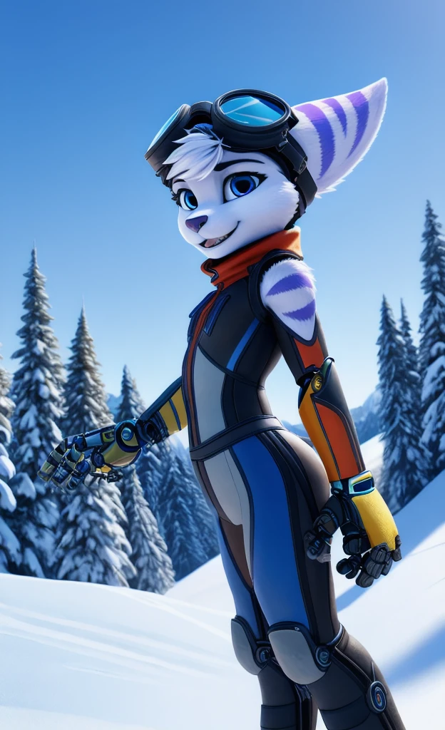 Rivet, tail, furry, 1girl, young, solo, (yellow cybernetic protease on the right shoulder), (purple snowboarding suit), snowboarding, detailed body fur, detailed body, detailed eyes, detailed face, athletic, skinny, high quality, masterpiece, small breasts, goggles, :D, looking at you, full body, (elastic waistband), (climaxing), 4K, 