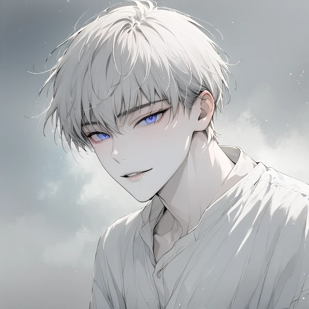 A 14-year-old boy, blue eyes, pretty guy, solo, adult, watercolor on paper, beautiful, ethereal, attractive, short hair,  model, proportional face, perfect face, stunning, soft features, muted colors, pale skin, defined lips, white hair, white shirt, manly, melancholic, look at viewer, smile, standing