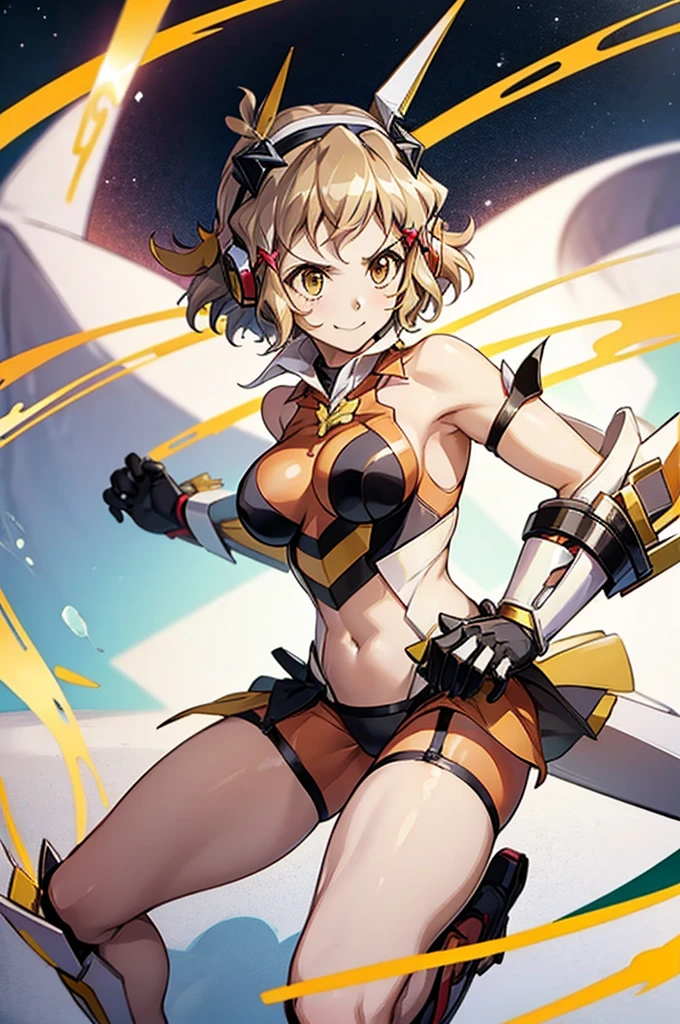 a very sexy lady sitting in a bikini and holding the butt out, 1girl, tachibana hibiki (symphogear), solo, breasts, short hair, navel, sweat, smile, covered nipples, gloves, looking at viewer, white background, hair ornament, shiny, medium breasts, shiny hair, hairclip, elbow gloves, skin tight, simple background, shiny skin