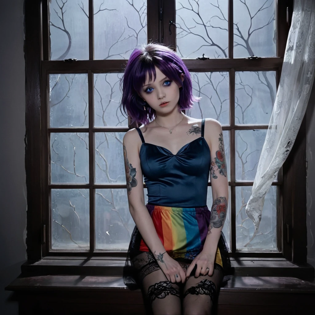 highres, masterpiece, perfect lighting, bloom, night, dark, cinematic lighting, adult, female, looking at viewer, cowboy shot, (RSEEmma, gaz:1.2), <lora:RSERomantic_RSESofiko_RSEEmma-v1:0.3>,  short purple hair, closed eyes, sharp hair, pointy hair, sharp bangs, spiky hair, gagoth, black dress, skull necklace, striped thighhighs, striped sleeves, <lora:Gaz:0.8>