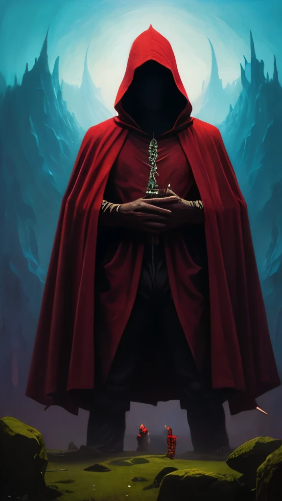 a painting of a man in a red cloak and a red mask, chtulhu, just art for dark metal music, z. beksinski, ( beksinski ), jeffrey jones, beksinski style painting, one a demon-like creature, one a demon - like creature, beksinski style, dark cloaked figure, beksinski painting