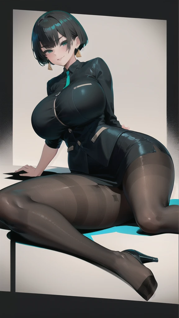 SFW, (Matte texture), sitting down, spread legs, 1 Secretary to support the viewer, ALLMIND, smug, naughty smile, (black hair), (short bob), earring, (green eyes), (tall and slim), (sensual body), (stocky build), (gigantic huge breasts), (extremely gigantic thick thigh), gigantic huge hip, narrow waist, (business suit, black shirt, Fastened buttons, tight skirt:1.2), (Pantyhose:1.5),  (cyberspace background), masterpiece, high quality, high detail