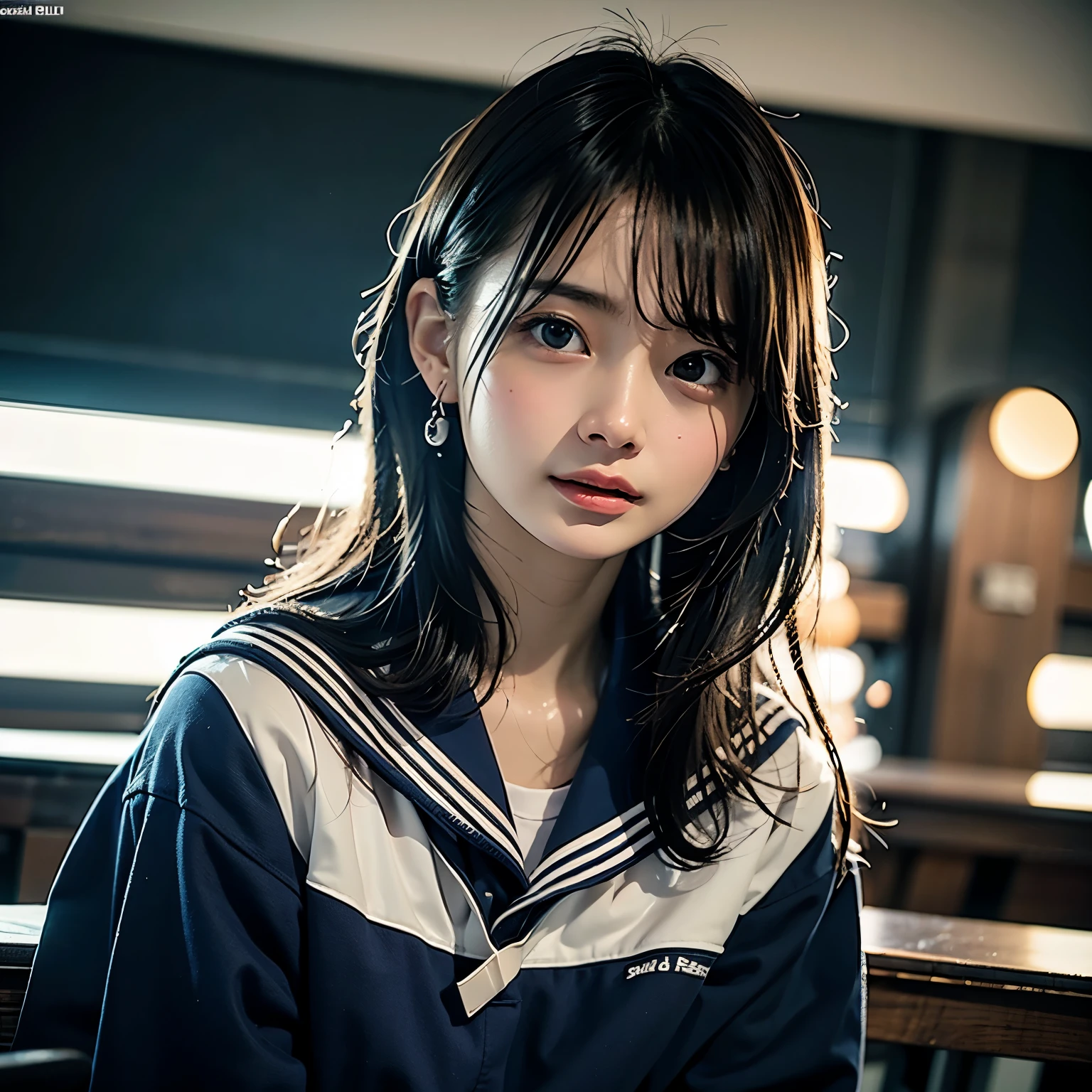 ulzzang-6500-v1.1,(raw photo:1.2), (photorealistic:1.4), Beautiful Meticulous Girl, very detailed eyes and faces, Beautiful detailed eyes, absurderes, unbelievable Ridiculous, hugefilesize, ultra - detailed, A high resolution, The is very detailed，best qualtiy，tmasterpiece，kemomimi，((high school school uniforms))，illustratio，The is very detailed，CG，unified，8k 壁纸，Amazing Cleavage，finely detailled，tmasterpiece，best qualtiy，The is very detailed的 CG unified 8k 壁纸，light in face，cinmatic lighting, 1girl, 16 years old,，(long  skirt)，(A half body)，((Short socks))，((Sit in the classroom)
