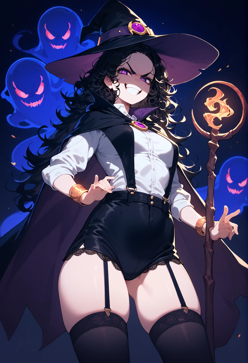 wizard, black cape, white shirt, purple eyes, curly black hair, golden bracelets, witch's staff, tight shorts, black thong, black suspenders, evil smile, angry, evil, ghosts around, big black wizard hat, black lace, thigh highs