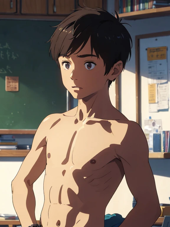 A little boy,  Siting on the chair, 14-Year-Old-Boy, showing armpit:1.3, Shirtless, topless, bare chest, with a watch, classroom, solid background