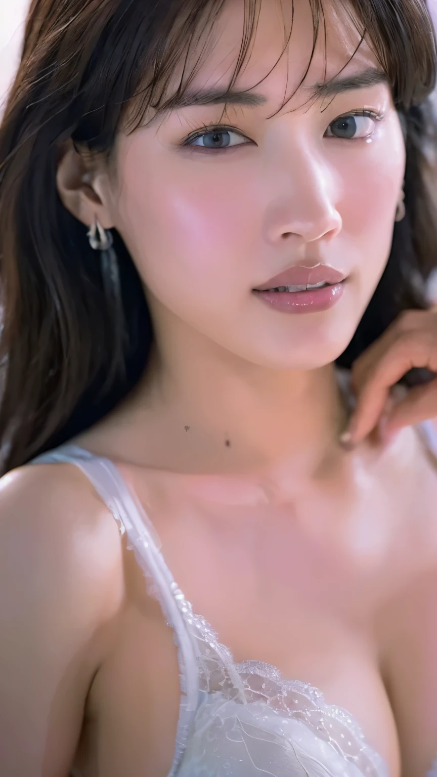 (22 year old Japanese beautiful girl,Thin eyebrows), (Small breasts,:1.5,),(solo,Textured skin, Detailed skin,Detailed face,Detailed eyes,High detail, Highest quality, Super detailed, Surrealism, ,8k,RAW Photos,Photographicism,Professional Lighting Ray Tracing,Aperture F1.2,Portrait Photography),(((Black Hair, Natural Makeup,Earrings,Bun Hair, Waking up))),Morning light,((Ahoge))