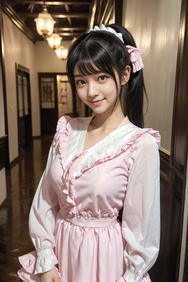  1 Japanese woman 、Transcendently beautiful、((Age 19))、((smile))、((( black hair,  medium ponytail hair :1.2))、(White long sleeve blouse, cute maid dress with pink ruffles、 dress:1.25))、( There is a stylish antique-style hallway in the background:1.35)、 is staring at the camera、( upper body), 