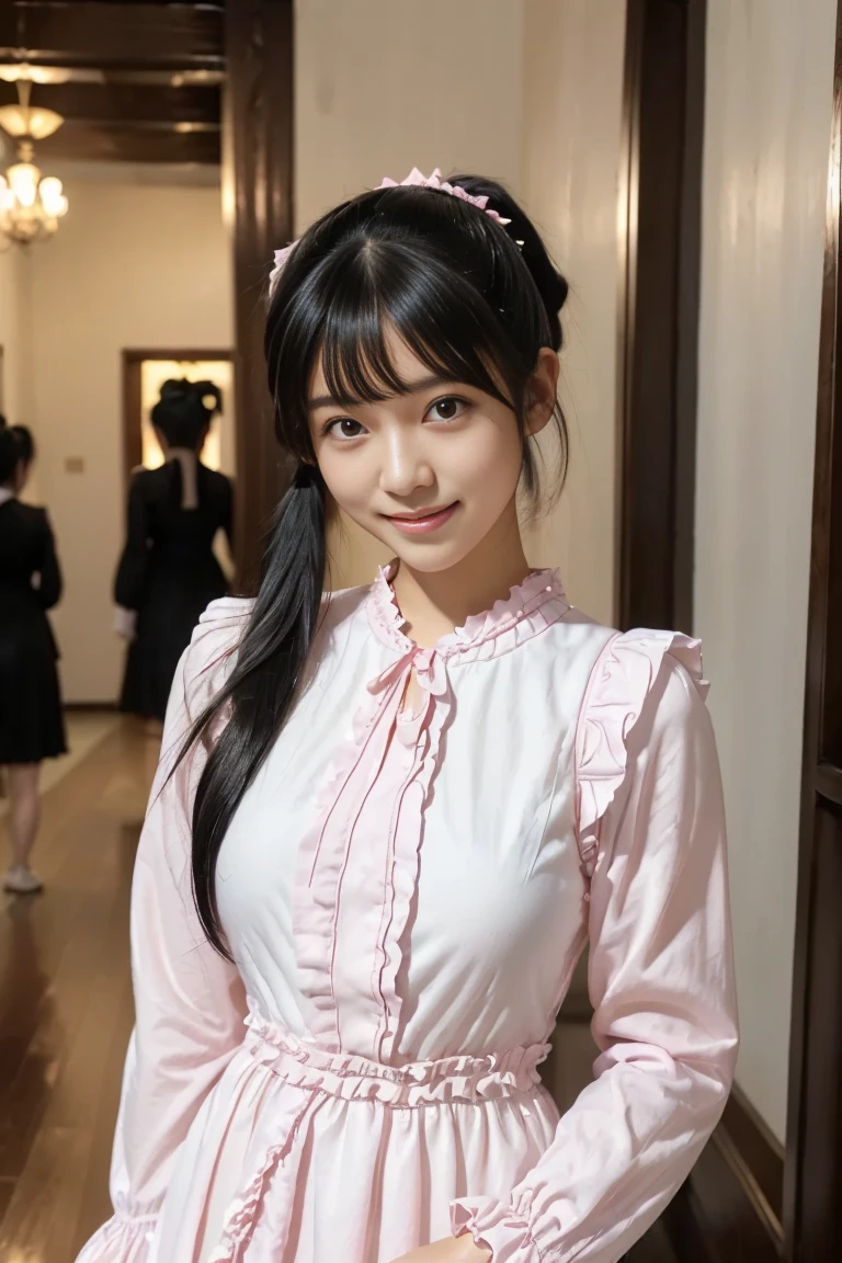  1 Japanese woman 、Transcendently beautiful、((Age 19))、((smile))、((( black hair,  medium ponytail hair :1.2))、(White long sleeve blouse, cute maid dress with pink ruffles、 dress:1.25))、( There is a stylish antique-style hallway in the background:1.35)、 is staring at the camera、( upper body), 