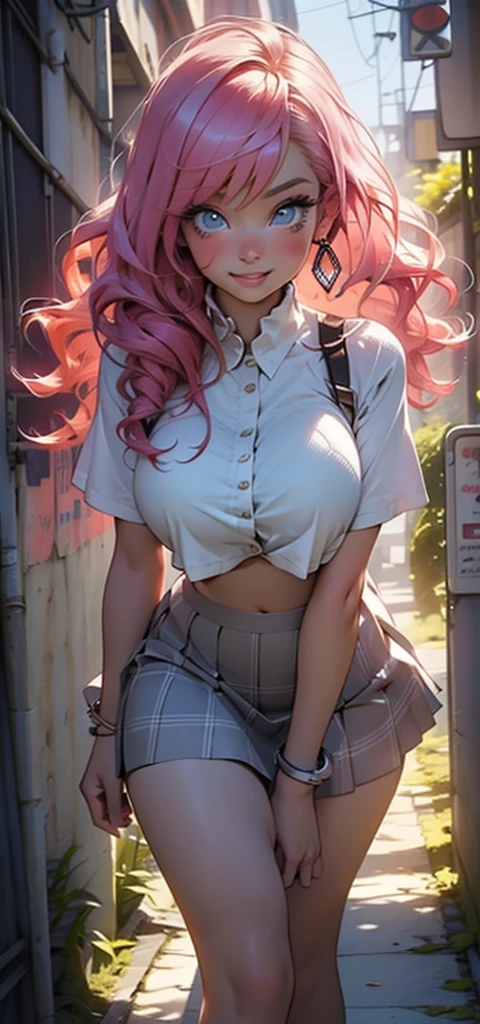 A perfect masterpiece, Highly detailed CG UNITY 8K UHD quality resolution, RAW Photos, Award-winning portraits, Realistic, Official Art, Glossy and realistic skin, (V3.0 Punk Rock Baked:1.3), The most beautiful and sexy , very long rainbow colored hair in pigtails, Vivid moonlight eyes, Long and fine eyelashes, Blushing, Plump pink lips, Curved body, Full Hips, Super huge very huge , I can see her cleavage, A huge one popping out of her shirt, Schoolgirl uniform、 skirt、Nike sneakers、wearing a backpack, Lots of tattoos and piercings, She arches her back in a sexy, seductive, slutty pose, Looking at the audience, Full body portrait, Cowboy Shot, Sexy and seductive slutty look, Cherry blossoms blowing in the wind, School campus background