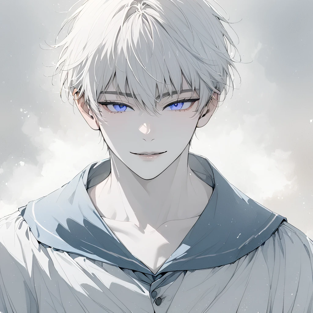 A 14-year-old boy, blue eyes, pretty guy, solo, adult, watercolor on paper, beautiful, ethereal, attractive, short hair,  model, proportional face, perfect face, stunning, soft features, muted colors, pale skin, defined lips, white hair, Sailor Costume, manly, melancholic, look at viewer, smile, standing