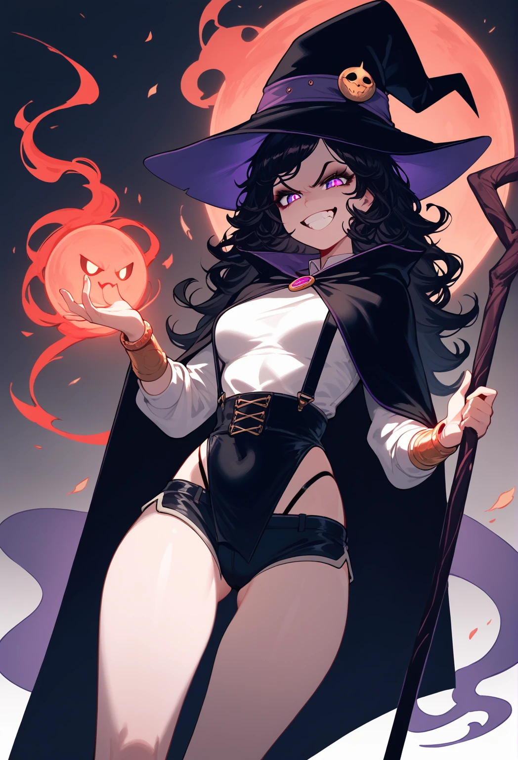 wizard, black cloak, white shirt, purple eyes, curly black hair, golden bracelets, witch's staff, tight shorts, black thong, black suspenders, evil smile, angry, evil, ghosts around, large plain black wizard hat, black lace, thigh high suspenders