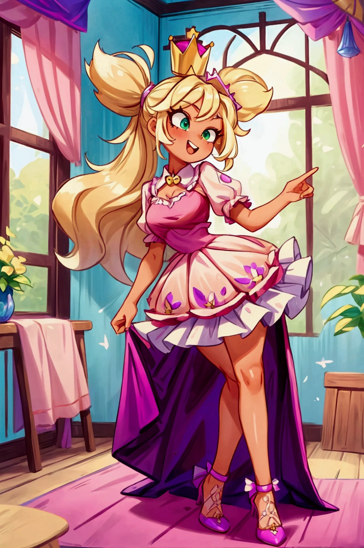 (Masterpiece, best quality) Mandy brawl stars, 1 girl, standing indoors with intricate details and sunlight, magenta and white frilled dress with short neckline, purple high heel shoes, crown in head, blonde medium long  hair, two ponytails, green eyes, blue, dark brown skin, sexy smile, bad girl, confidense attitude, teeth showing, sexy pose, coquette, beautiful long legs, mature teen girl, gorgeous body, pronounced breasts.