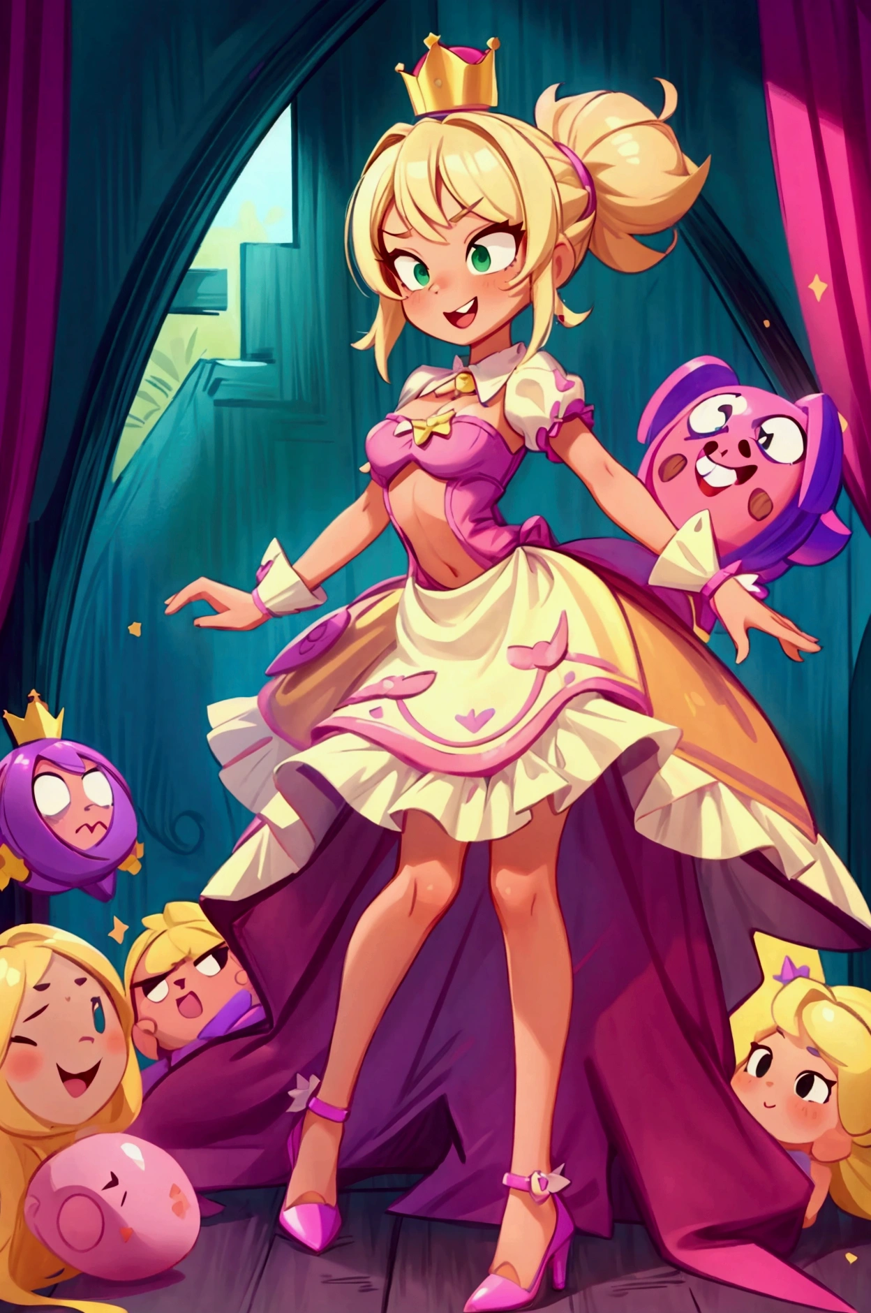 (Masterpiece, best quality) Mandy brawl stars, 1 girl, standing indoors with intricate details and sunlight, magenta and white frilled dress with short neckline, purple high heel shoes, crown in head, blonde medium long  hair, two ponytails, green eyes, blue, dark brown skin, sexy smile, bad girl, confidense attitude, teeth showing, sexy pose, coquette, beautiful long legs, mature teen girl, gorgeous body, pronounced breasts.