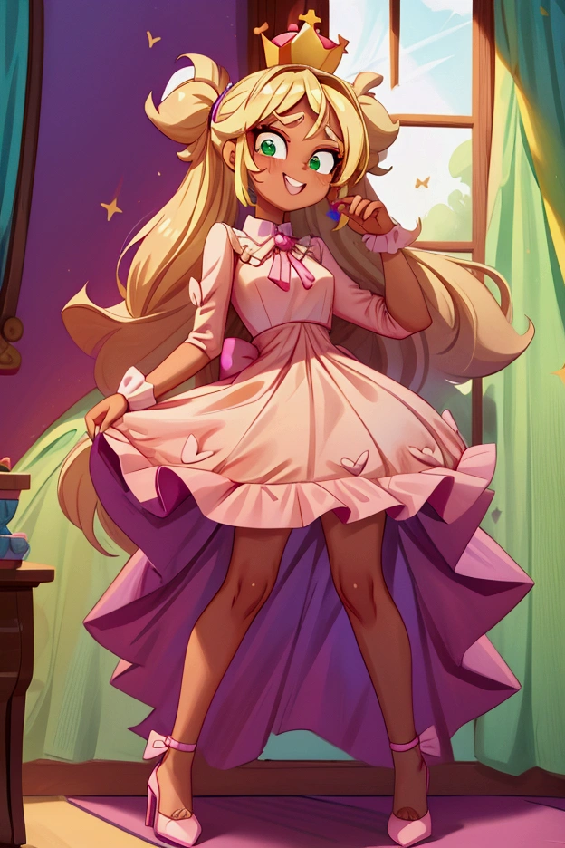 (Masterpiece, best quality) Mandy brawl stars, 1 girl, standing indoors with intricate details and sunlight, magenta and white frilled dress with short neckline, purple high heel shoes, crown in head, blonde medium long  hair, two ponytails, green eyes, blue, dark brown skin, sexy smile, bad girl, confidense attitude, teeth showing, sexy pose, coquette, beautiful long legs, mature teen girl, gorgeous body, pronounced breasts.