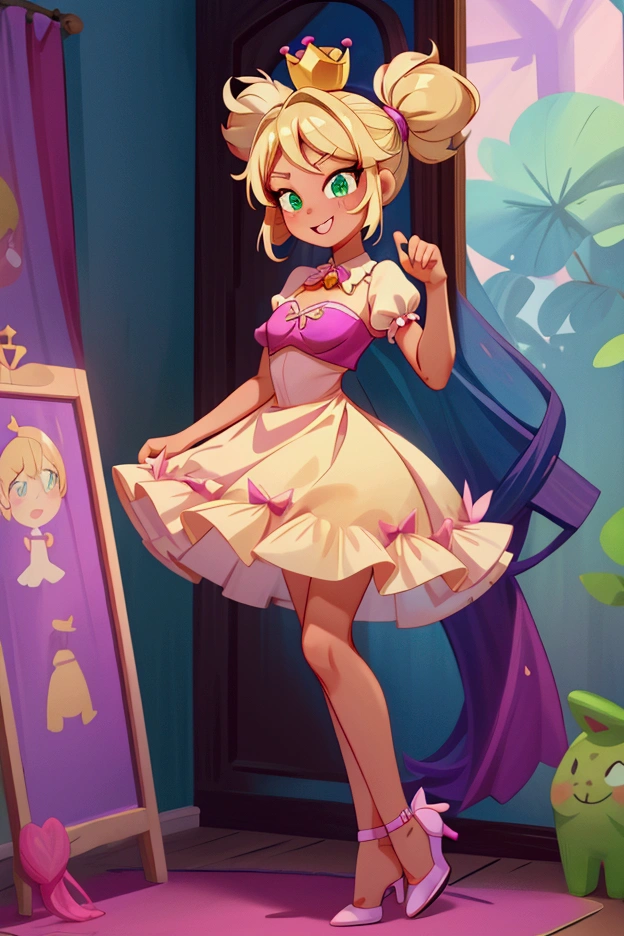 (Masterpiece, best quality) Mandy brawl stars, 1 girl, standing indoors with intricate details and sunlight, magenta and white frilled dress with short neckline, purple high heel shoes, crown in head, blonde medium long  hair, two ponytails, green eyes, blue, dark brown skin, sexy smile, bad girl, confidense attitude, teeth showing, sexy pose, coquette, beautiful long legs, mature teen girl, gorgeous body, pronounced breasts.