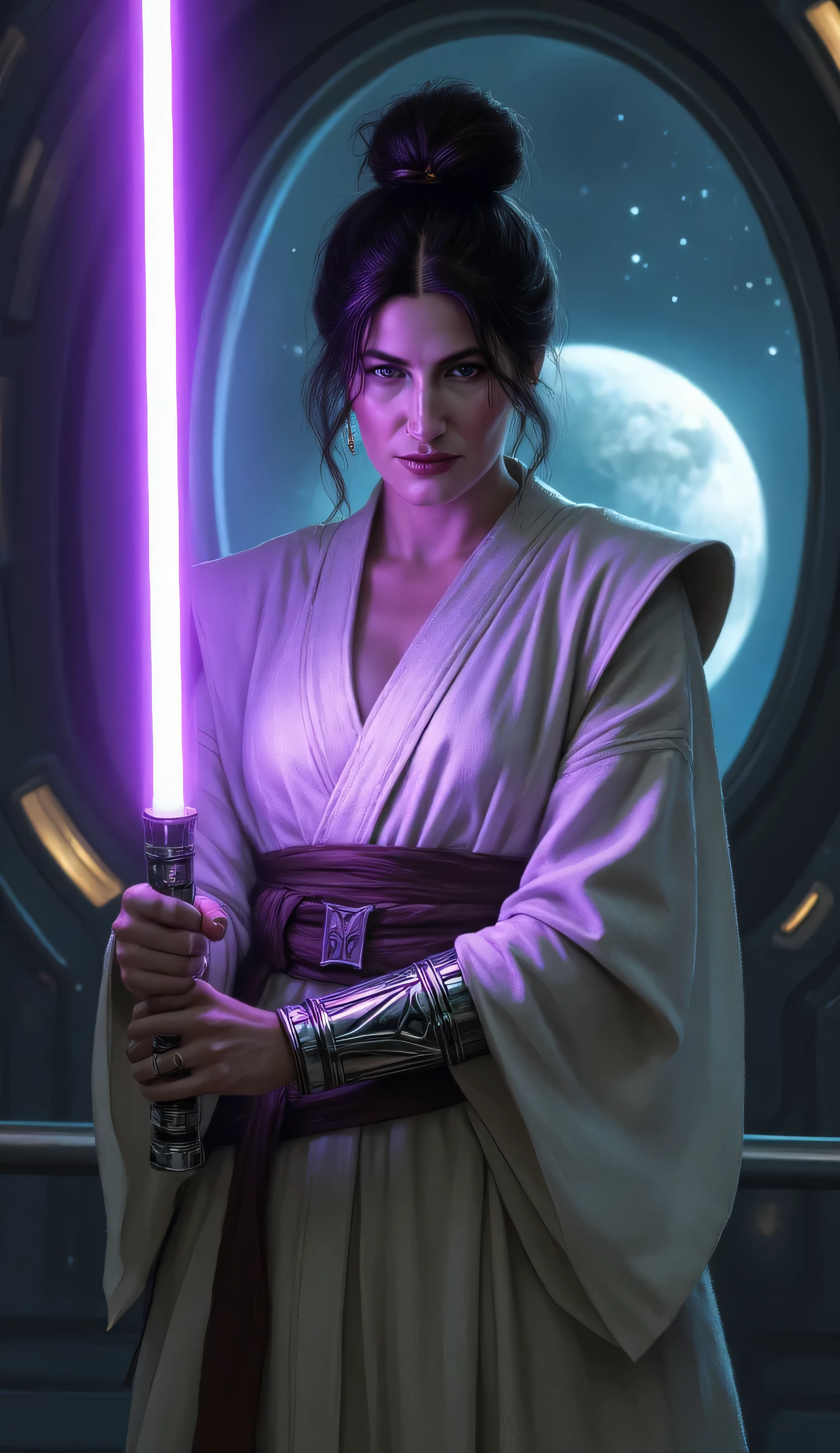 Kathryn Hahn as Jedi, intricate full body portrait, messy dark hair bun, jedi outfit, white jedi short robes, bracers with intricate details, standing, on a space station, window in the background showing outer space with planet and stars, holding up purple lightsaber in front of her, short skirt robe, cleavage