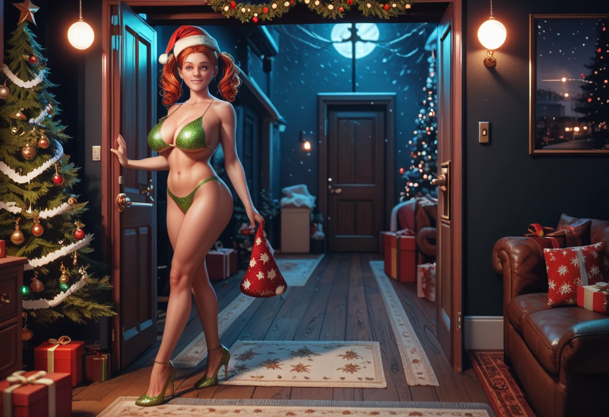 (1girl, solo, (She is walking to the door, intrigued )), (girl is (wearing small green glitter bikini, high heels, christmas hat), (redhead pigtails ), perfect body, big breast, (detailed olive eyes), smiling), (christmas, living room, door, night, moonlight)