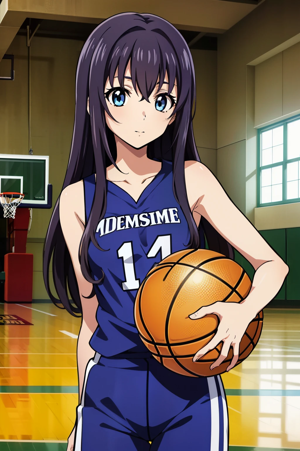 1 girl, cute, black hair, 髪band, masterpiece, ((Playing basketball in the high school gym.)), (dynamic posing), (Running and dribbling a basketball), (black basketball team uniform), (anime cels style, Masterpiece, best quality, high resolution, anime colored, megami magazine:1.2, anime poster style, anime keyvisual, sharp, 8k, photorealistic), beautiful blue eyes 