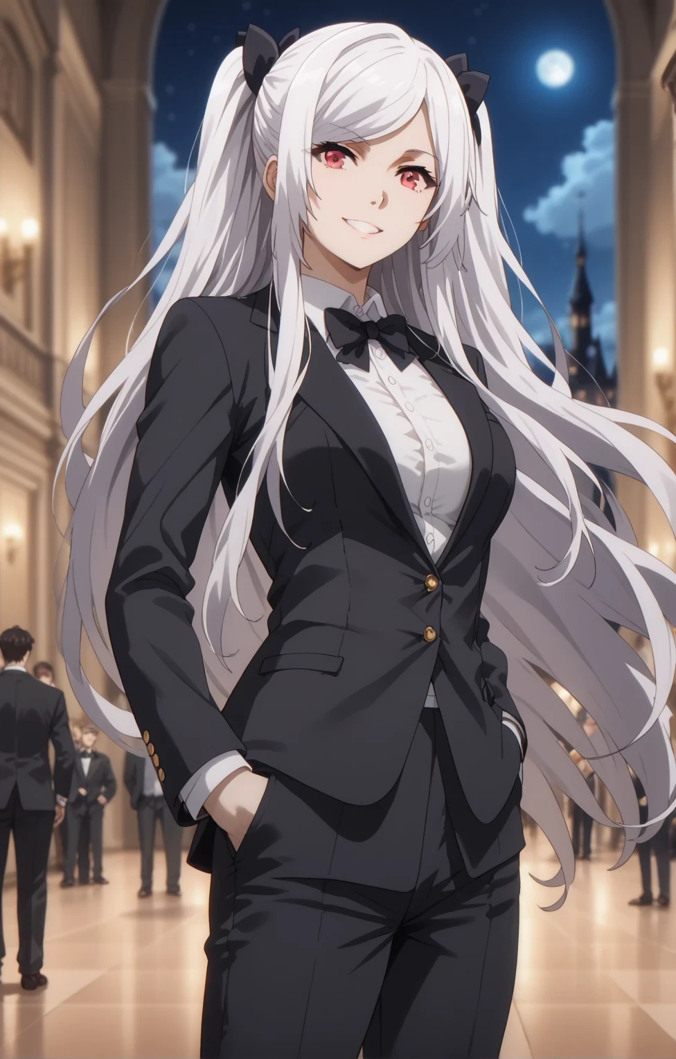Source anime, Tall girl, Fit girl,score_9, score_8_up, score_7_up, score_6_up, uncensored, alexia midgar, long hair, black hair ribbon, white hair, red eyes, sidelocks, ribbon, large breast, 1girl, solo, formal, suit, bow, traditional_bowtie, bowtie, long_hair, tuxedo, pants, jacket, pant_suit, hand_in_pocket, smile, night, castle, indoors, blurry backgrounds, crowd