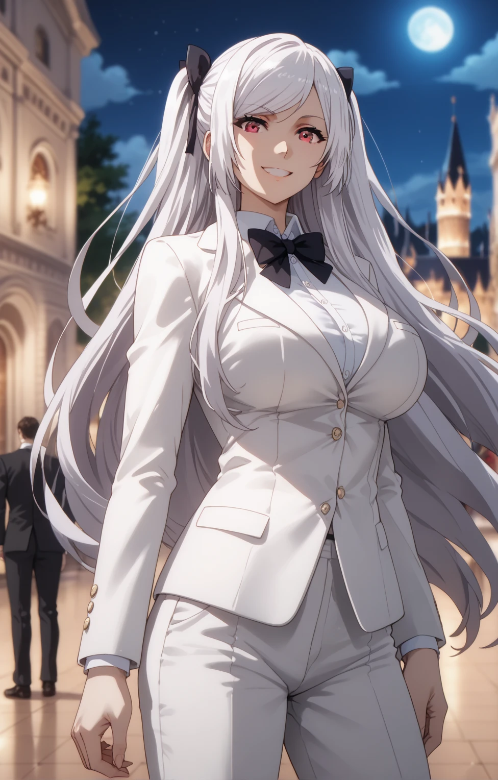 Source anime, Tall girl, Fit girl,score_9, score_8_up, score_7_up, score_6_up, uncensored, alexia midgar, long hair, black hair ribbon, white hair, red eyes, sidelocks, ribbon, huge breast, 1girl, solo, formal, suit, bow, traditional_bowtie, bowtie, long_hair, tuxedo, pants, jacket, pant_suit, hand_in_pocket, smile, night, castle, indoors, blurry backgrounds, crowd