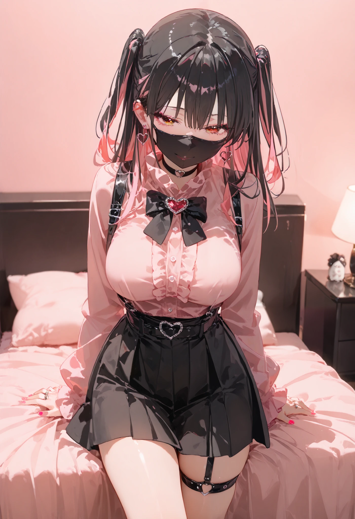 score_9, score_8_up, score_7_up, source_Anime, 8k, Masterpiece , best quality, ultra detail, very delicate and beautiful, official style, depth of writing, high definition, very refined , complicated, over detail , perfect anatomy , watch viewers, the above, (( sex:1.2)), , standing, On Bed , ( hotel room, Love Hotel, Pink Wall, Pink Bed Sheets ), condom wrap , pink smartphone , BREAK 1 girl, Alone, ( black hair, Pink Hair, Bicolor Hair , Multi Colored Hair), long hair, two side up, black hair bow, red eyes, red eyeshadow under eyes, pink cheeks, Earth system, my_Cute, ( Crossed String Clothes , pink shirt , Long Sleeve , Frillsed sleeves), Frills, black bowtie , black skirt , black suspenders, Black socks, heart brooch , heart earrings, ring, ( Multicolor Nails, NAIL POLISH , PINK NAILS, black nail ), ( mask , black mask ), black belt, o-ring thigh strap, black choker, smirking 、 mature mature 、y0k4t4, 1 girl