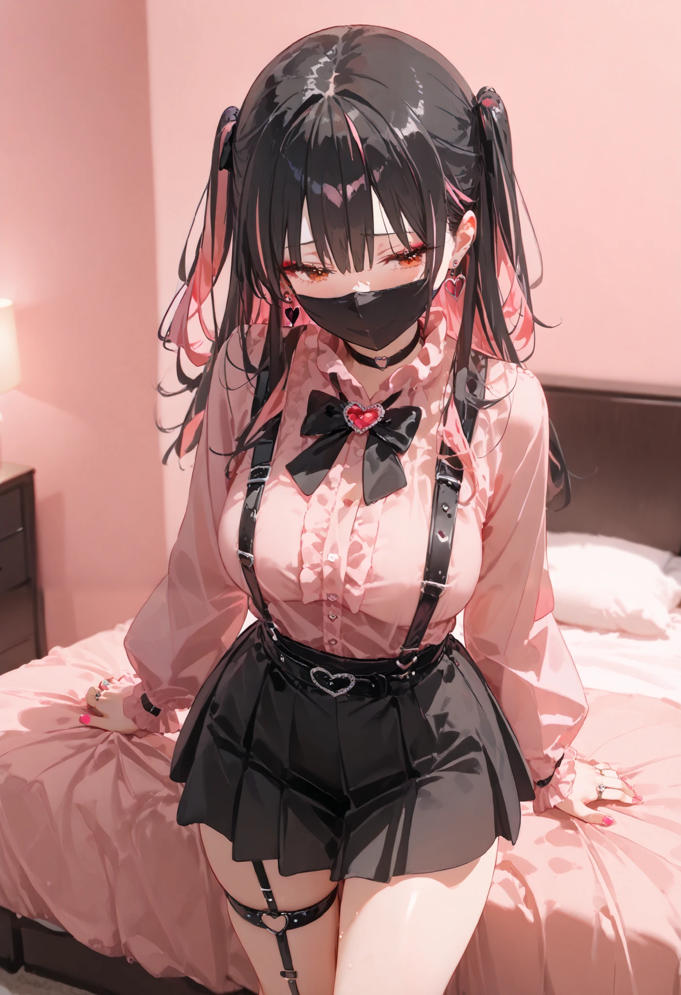 score_9, score_8_up, score_7_up, source_Anime, 8k, Masterpiece , best quality, ultra detail, very delicate and beautiful, official style, depth of writing, high definition, very refined , complicated, over detail , perfect anatomy , watch viewers, the above, (( sex:1.2)), , standing, On Bed , ( hotel room, Love Hotel, Pink Wall, Pink Bed Sheets ), condom wrap , pink smartphone , BREAK 1 girl, Alone, ( black hair, Pink Hair, Bicolor Hair , Multi Colored Hair), long hair, two side up, black hair bow, red eyes, red eyeshadow under eyes, pink cheeks, Earth system, my_Cute, ( Crossed String Clothes , pink shirt , Long Sleeve , Frillsed sleeves), Frills, black bowtie , black skirt , black suspenders, Black socks, heart brooch , heart earrings, ring, ( Multicolor Nails, NAIL POLISH , PINK NAILS, black nail ), ( mask , black mask ), black belt, o-ring thigh strap, black choker, smirking 、 mature mature 、y0k4t4, 1 girl