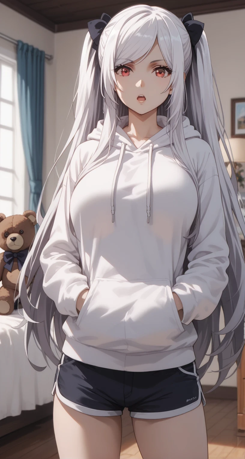 Source anime, Tall girl, Fit girl,score_9, score_8_up, score_7_up, score_6_up, uncensored, alexia midgar, long hair, , black hair ribbon, white hair, red eyes, sidelocks, ribbon, large breast, hood, 1girl, hoodie, solo, stuffed_toy, stuffed_animal, shorts, teddy_bear, indoors, open_mouth, looking_at_viewer, standing