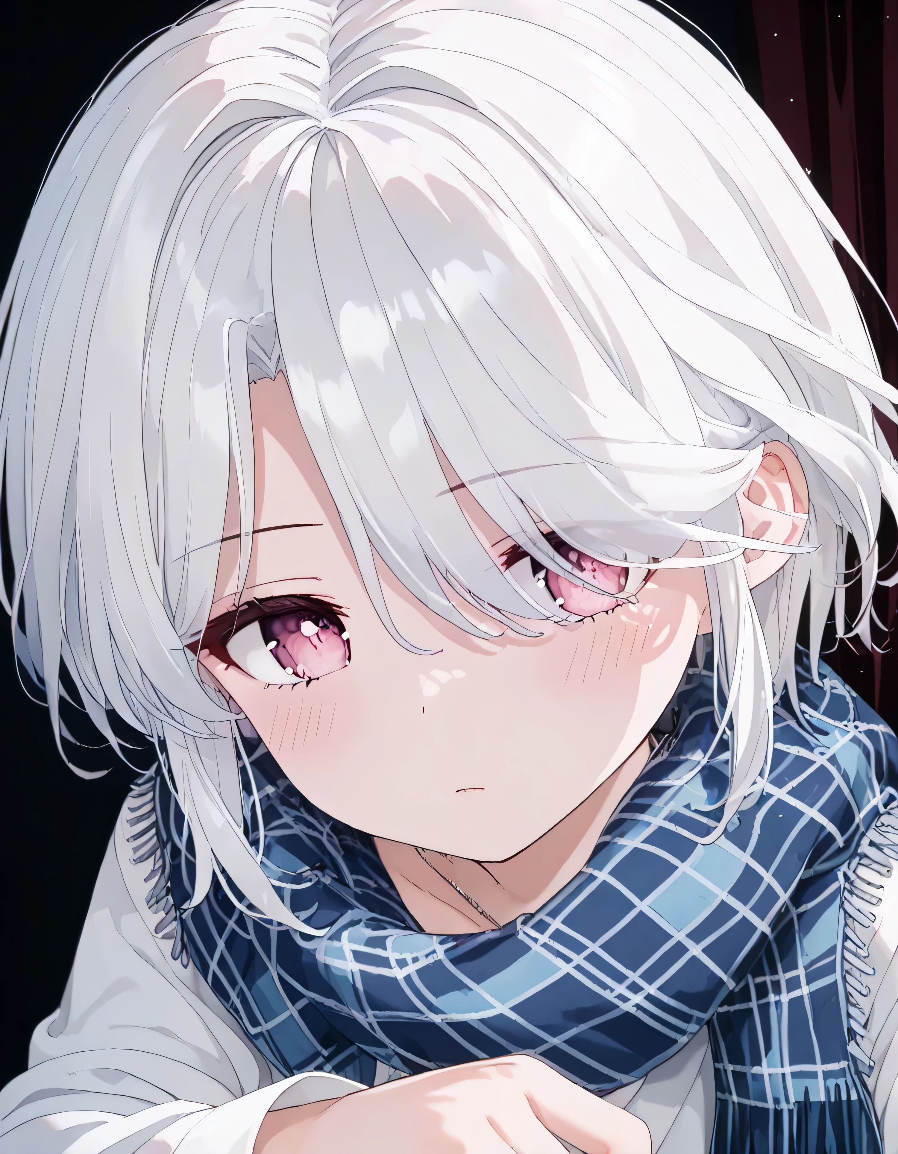 UN\(EOE\),youen\(EOE\),one girl,solo,best quality, masterpiece,score_9, score_8_up, score_7_up, score_6_up, source_anime, beautiful girl, iris midgar, perfect anatomy, (photoshooting studio scenery),,break,1girl,(dark background), (weak Lighting),,break, super detailed skin,very high resolution, very aesthetic,by famous artist, 8k, 16k,,beauty illustration,photoshop_(small),,(pink eyes:1.2),(white hair|Detailed hair|short hair|shiny hair|hair over one eye),((curtain haircut:1.2,curtained hair)),(top down parka,flannel scarf),POV,(sleepy, depressed,jitome),dilated pupils, empty eyes,headphone,standing