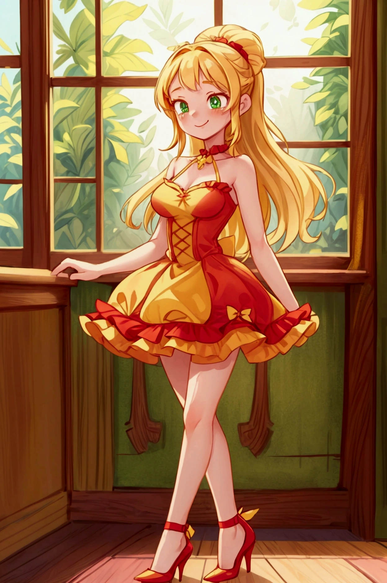 (Masterpiece, best quality) 1 girl, standing indoors with intricate details and sunlight, red and yellow frilled dress with short neckline, red heels, blonde long hair, green eyes, sexy smile, sexy pose, coquette, beautiful long legs, mature  girl, gorgeous body, pronounced breasts.