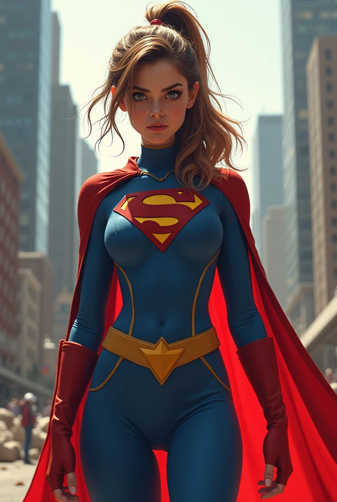 (best quality, Antecedentes detalhados, profundidade de campo, Volumetric lighting, foco nítido, Absurdo, ultra-detalhado),1  linda mulher loira de cabelos longos usando uniforme da supergirl