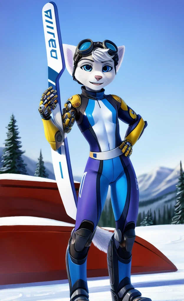 Rivet, tail, furry, 1girl, young, solo, (yellow cybernetic protease on the right shoulder), (red and blue ski suit), standing at ski park, detailed body fur, detailed body, detailed eyes, detailed face, athletic, skinny, high quality, masterpiece, small breasts, goggles, :D, looking at you, full body, (elastic waistband), (climaxing), 